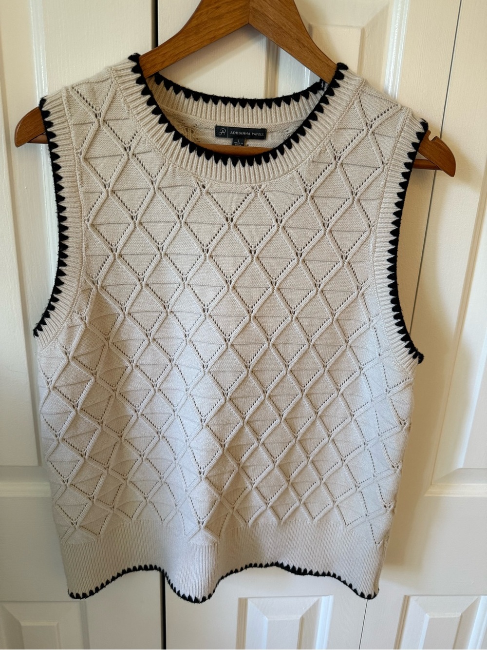 Adrianna Papell Cream Knit Diamond Pointelle Sweater Vest with Black Trim